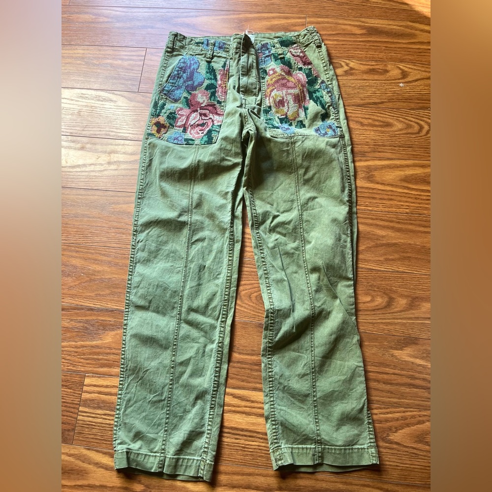 Anthropologie Hei Hei Embroidered Floral  Utility Pant Boho Olive Green Women 27